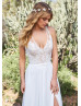 V Neck Ivory Lace Chiffon High Slit Wedding Dress